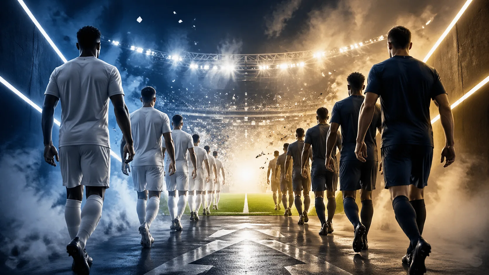 Stylized football match hero image with two fictional teams entering the pitch