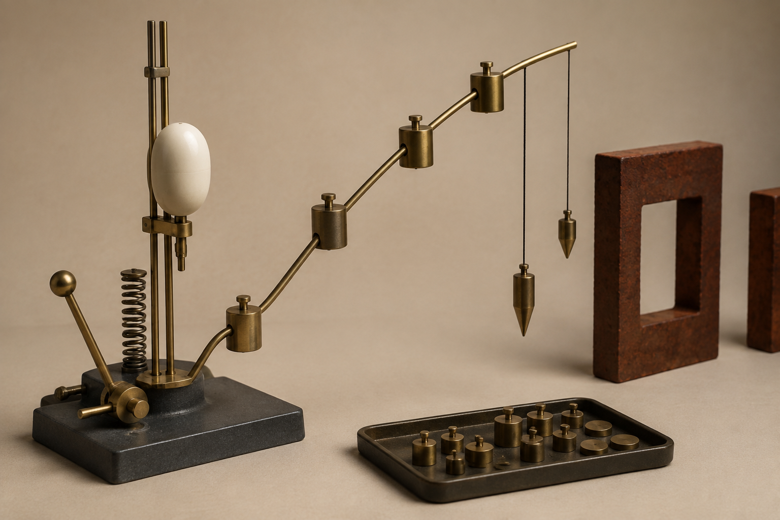 A physical brass apparatus uses a spring, lever, trajectory rail, counterweights, and plumb weights to study impulse and gravity