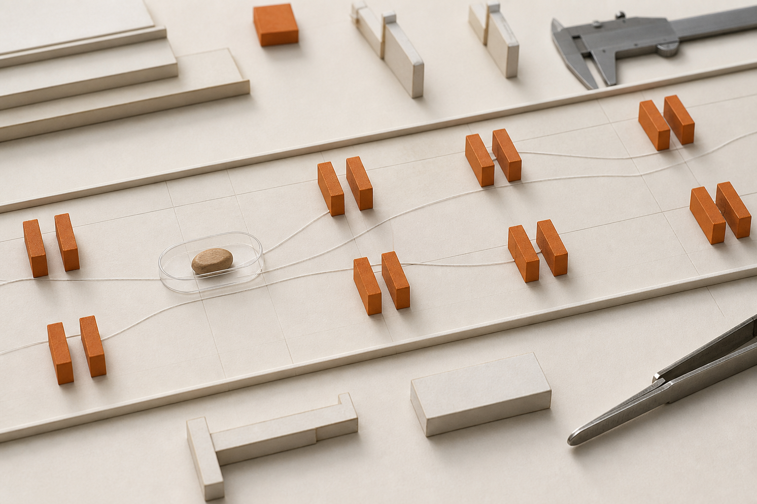 A tabletop spacing study uses repeated orange gate blocks, path threads, and a clear collision envelope around an abstract wooden token