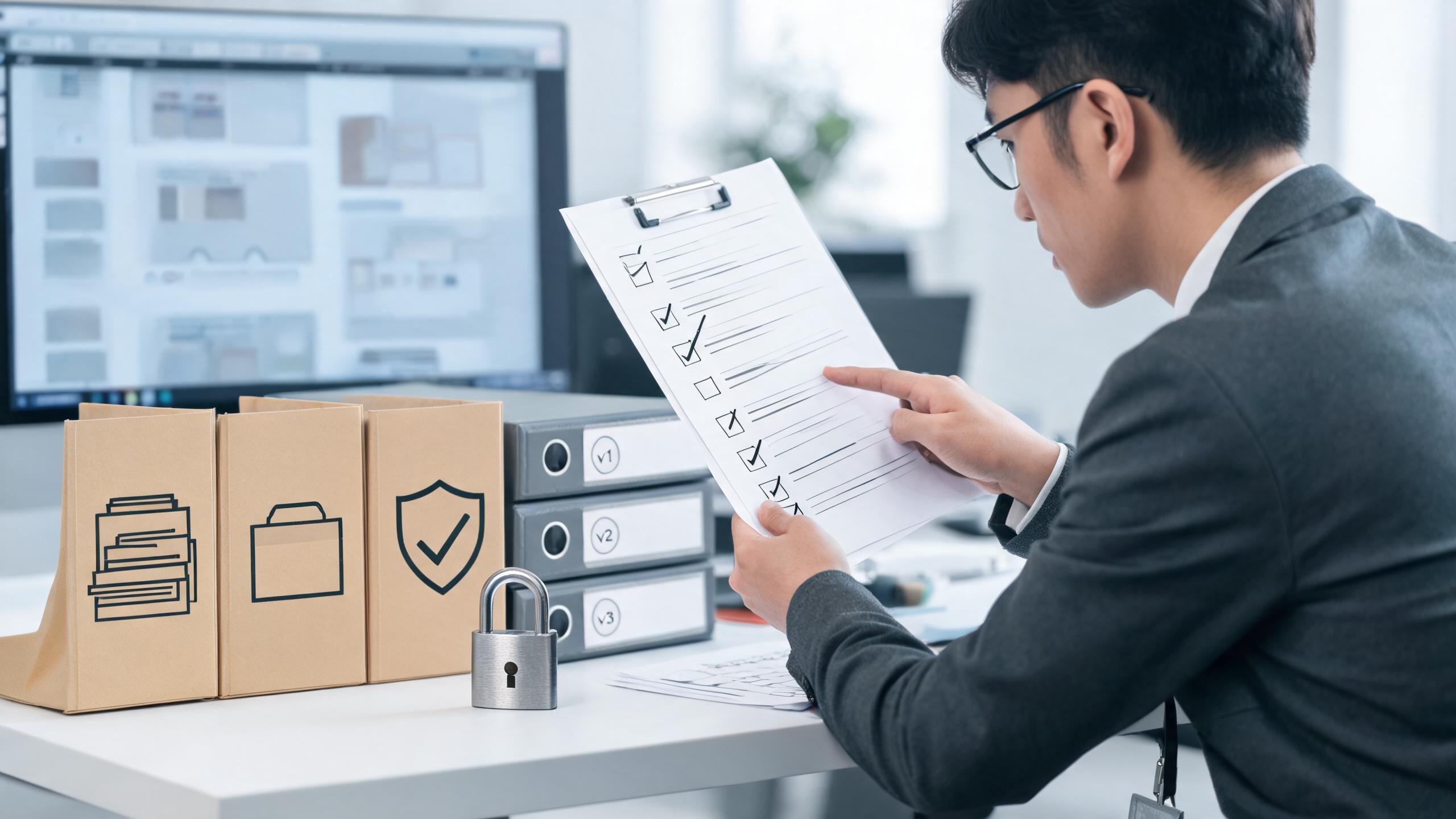 Designer reviewing versioned project records, permissions, and protected client materials.