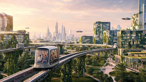 Wide-scene future city transportation concepts visual with strong foreground and background separation