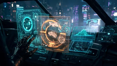 Wide-scene futuristic ui/hud elements visual with strong foreground and background separation