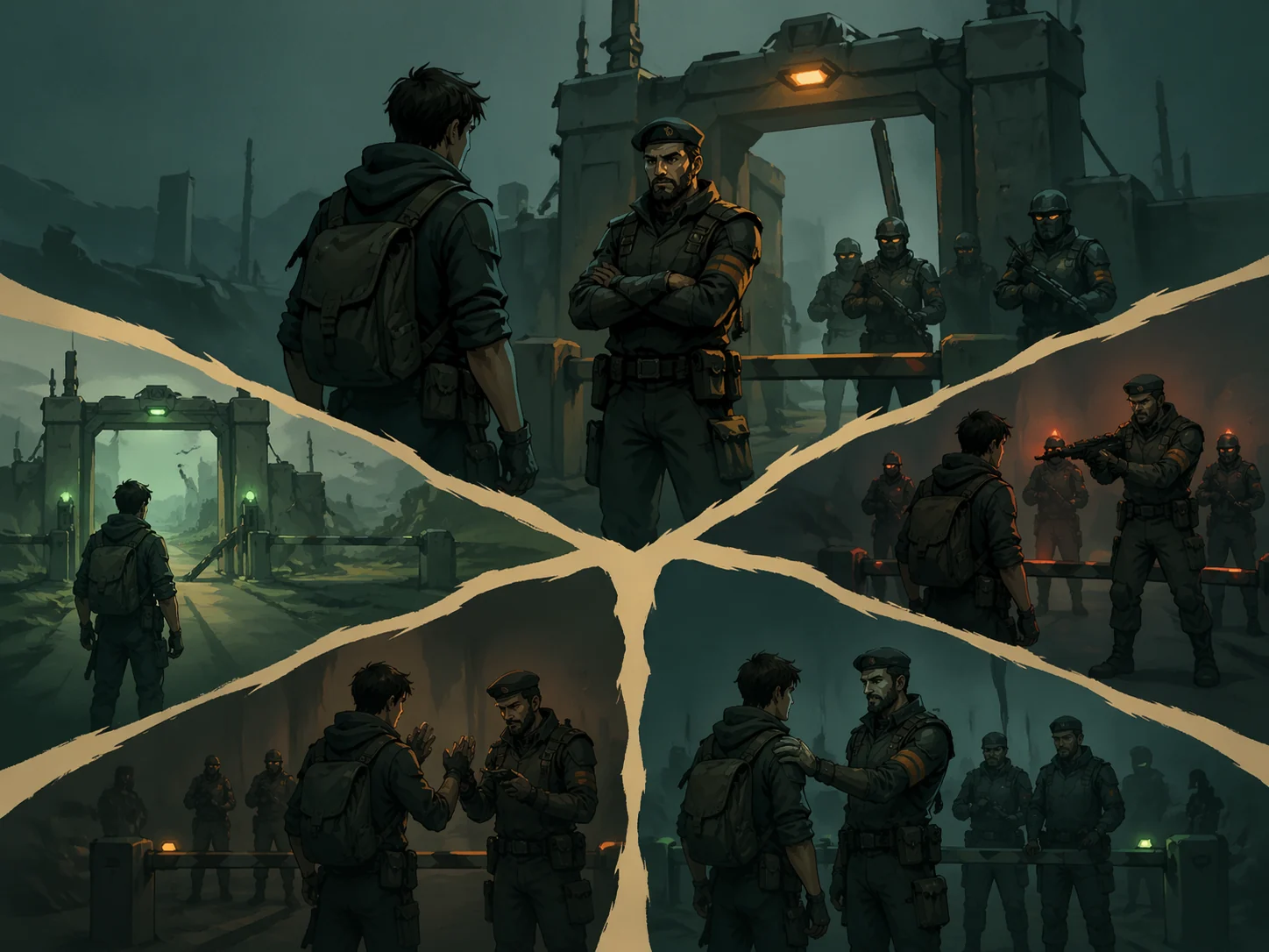 Fantasy checkpoint scene used as the thematic cover for dialogue tree design