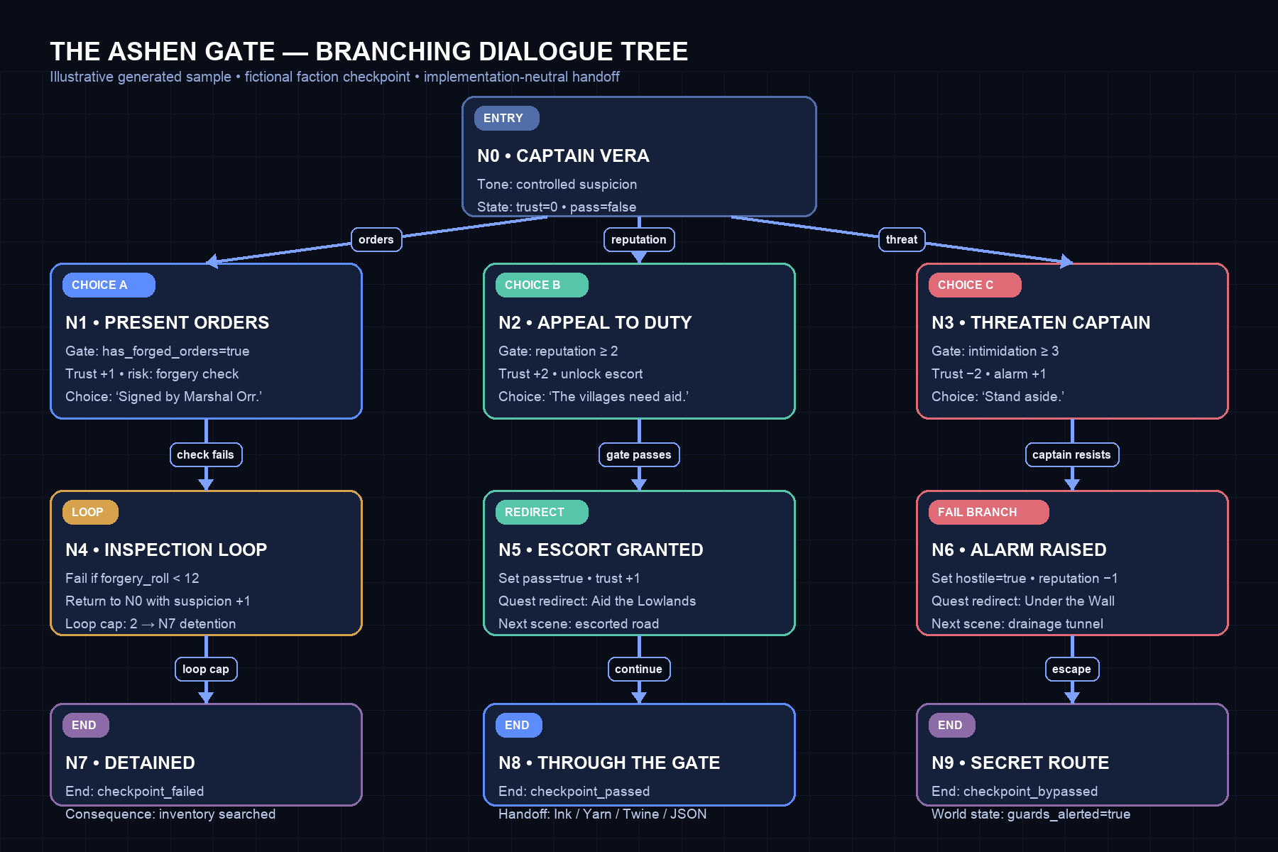 Original Ashen Gate branching dialogue tree with choices, gates, trust shifts, loops, redirects, and endings