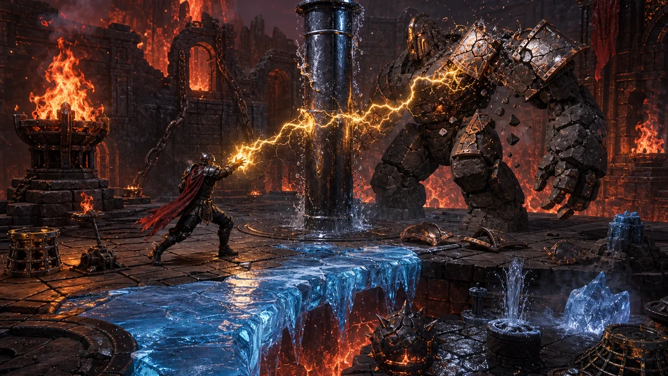 In-world modular interaction kit with fire brazier, ice bridge, wet metal pillar, breakable armor plates, and reaction props arranged physically in the arena