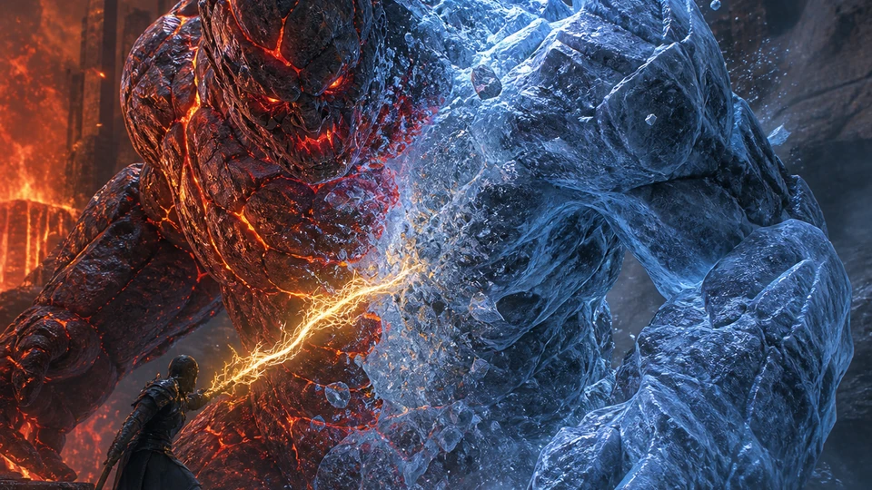 Close in-world view of the stone golem changing from heated red cracks to brittle frost after an elemental counter, strong readable material response