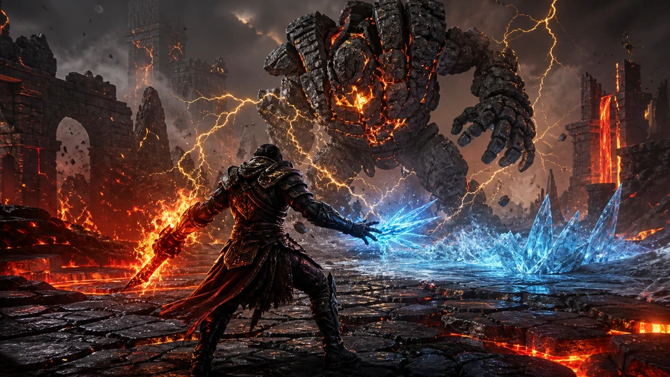 Same adventurer choosing between a risky close fire combo and a safer ice-control route against the golem, cinematic wide gameplay state
