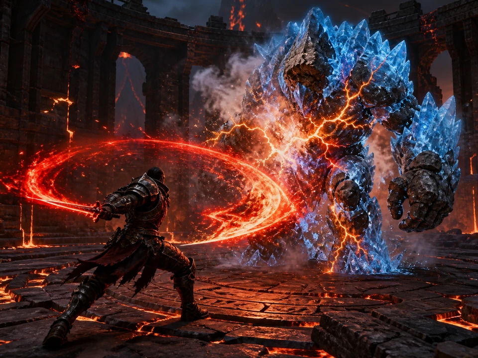 Armored adventurer combining a fire slash with a frozen stone golem in a compact volcanic ruin arena, clear in-world elemental reaction and tactical spacing