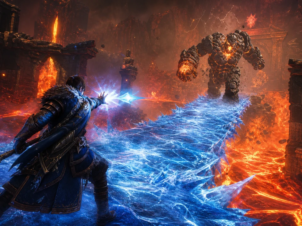 Same adventurer casting cobalt ice across a lava channel to create a temporary traversal and combat route while the same golem advances