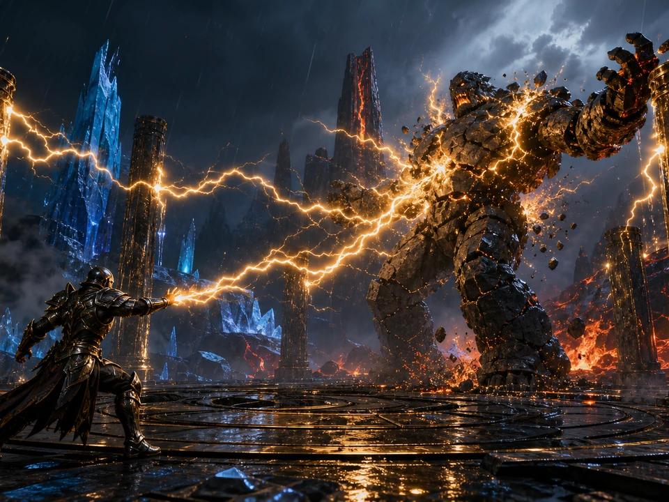 Same arena after amber lightning charges wet metal pillars and arcs toward the golem, readable cause and effect without interface