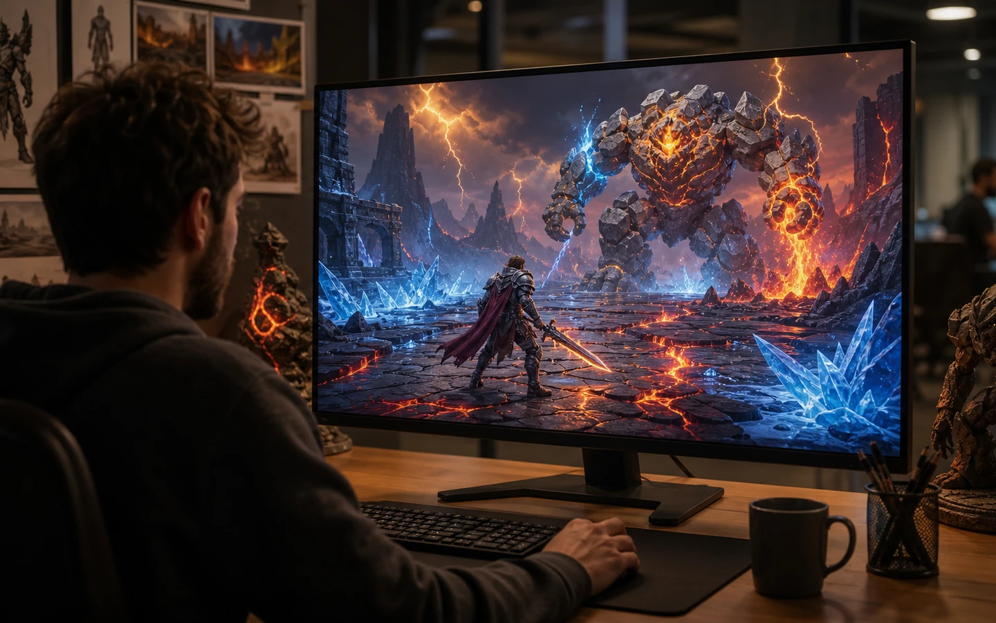 Over-the-shoulder game designer reviewing the original elemental arena prototype on a large monitor in a believable studio, screen content visible but controls abstract and unreadable