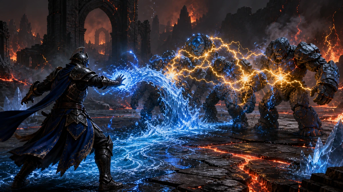 Same adventurer setting up a two-step water and lightning reaction against clustered stone enemies, clean action composition