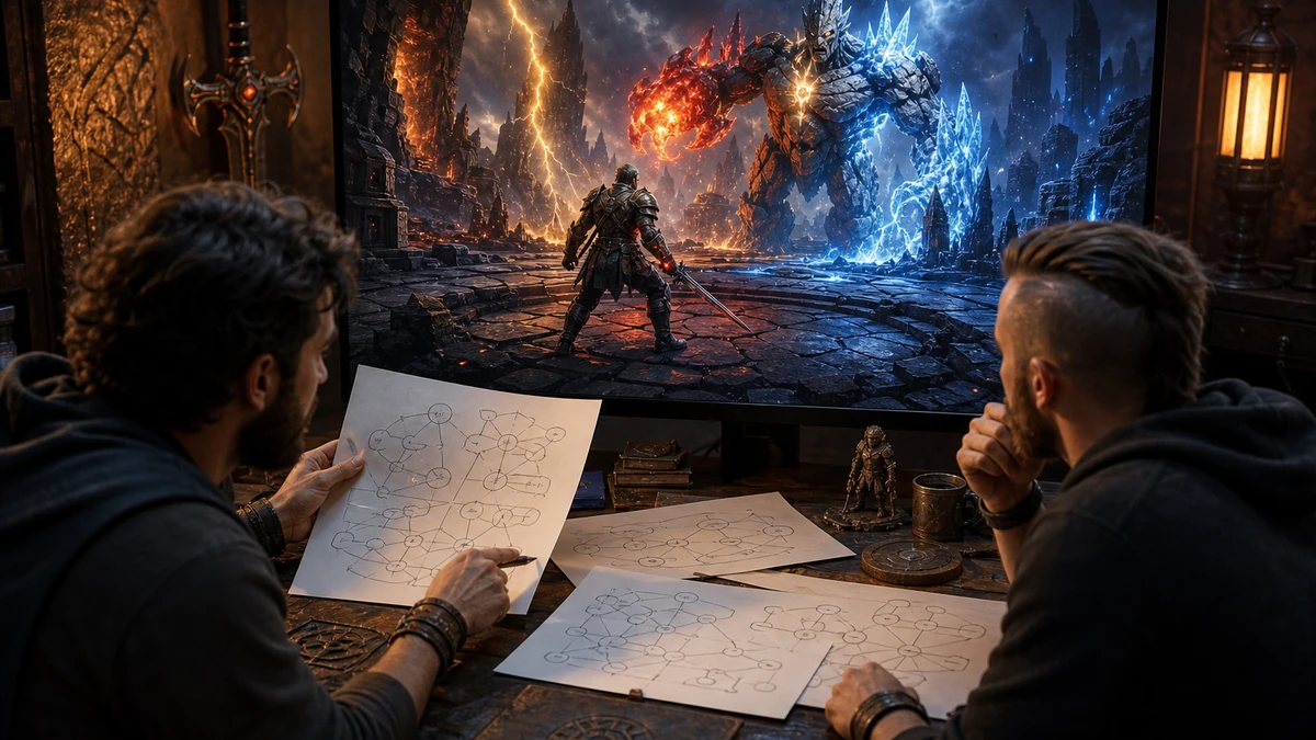 Two game designers reviewing printed state diagrams and the original elemental arena scene on a large monitor, no readable labels