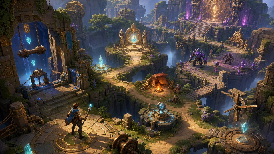 Physical in-world kit representing challenge rooms, collectible light shards, reward shrines, upgrade altars, recovery camps, route forks, and a final mastery gate, arranged coherently in the same visual direction
