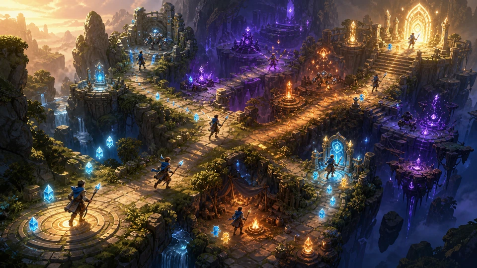 Wide final scene showing start, escalation, route choices, and finish for the Game Reward Pacing Playtest prototype