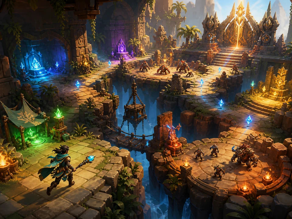 Wide three-quarter 3D gameplay scene of challenge rooms, collectible light shards, reward shrines, upgrade altars, recovery camps, route forks, and a final mastery gate in a coherent stylized cooperative adventure playtest world with an original explorer moving through a sequence of compact challenge rooms, visible in-world reward shrines, collectible light shards, upgrade altars, recovery camps, escalating encounters, and a final mastery gate, with no readable text world, no interface