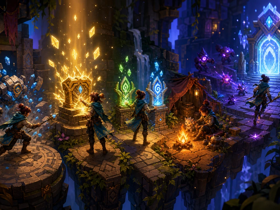 Action moment showing challenge completion, reward reveals, upgrade choices, recovery moments, and renewed forward motion resolving clearly in the same stylized cooperative adventure playtest world with an original explorer moving through a sequence of compact challenge rooms, visible in-world reward shrines, collectible light shards, upgrade altars, recovery camps, escalating encounters, and a final mastery gate, with no readable text world, no text