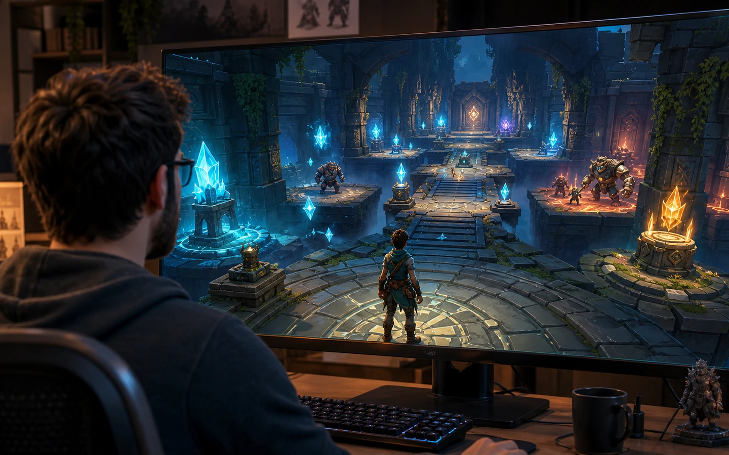 Over-the-shoulder game creator reviewing the original Game Reward Pacing Playtest scene in a professional game workspace on a large monitor, scene viewport dominant, tool controls abstract and unreadable
