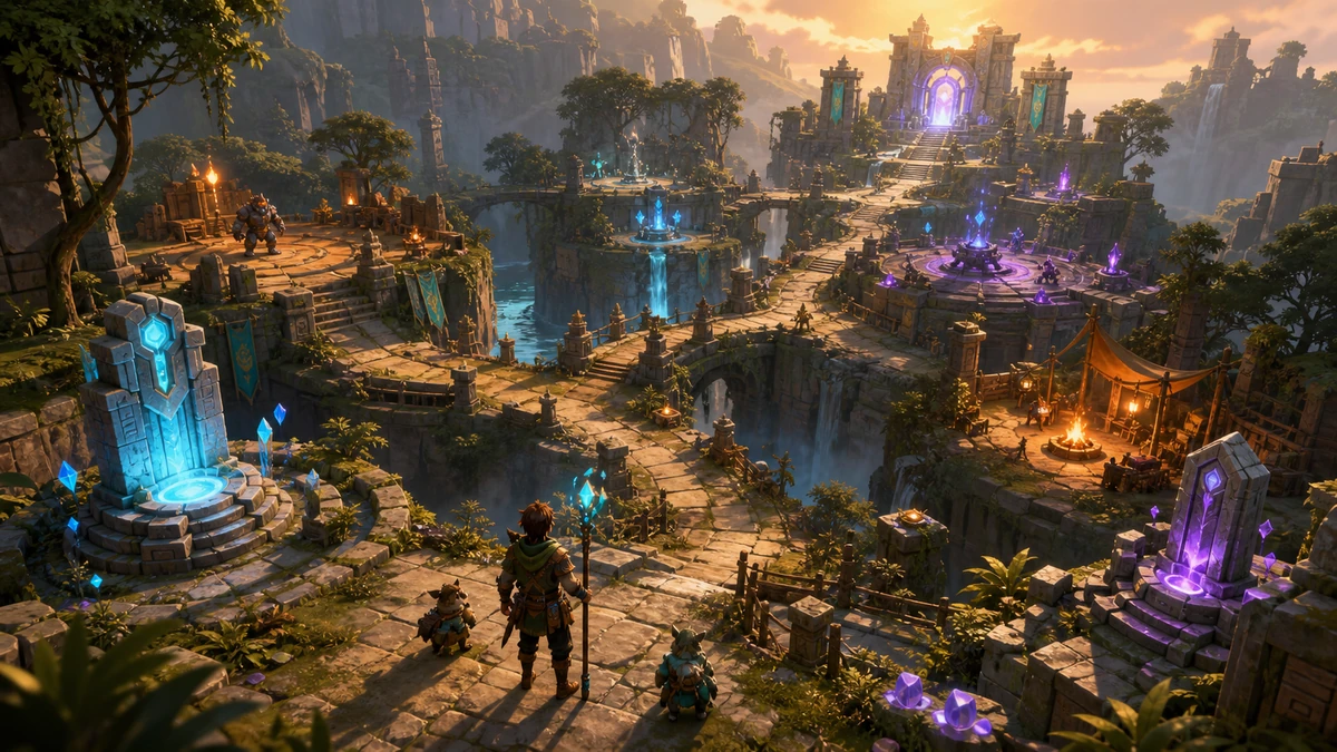 Clear playable layout showing challenge rooms, collectible light shards, reward shrines, upgrade altars, recovery camps, route forks, and a final mastery gate with readable spacing, camera, and route in the same world
