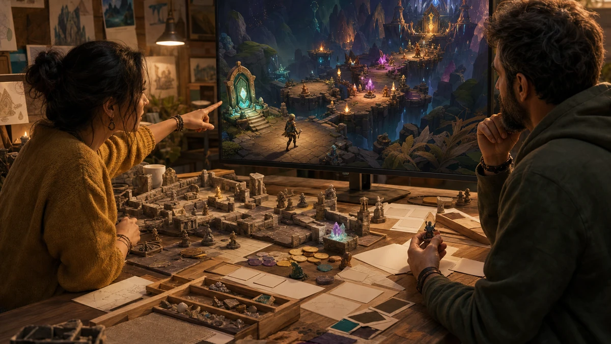 Two game creators reviewing physical design references and the original Game Reward Pacing Playtest scene on a monitor, no readable labels