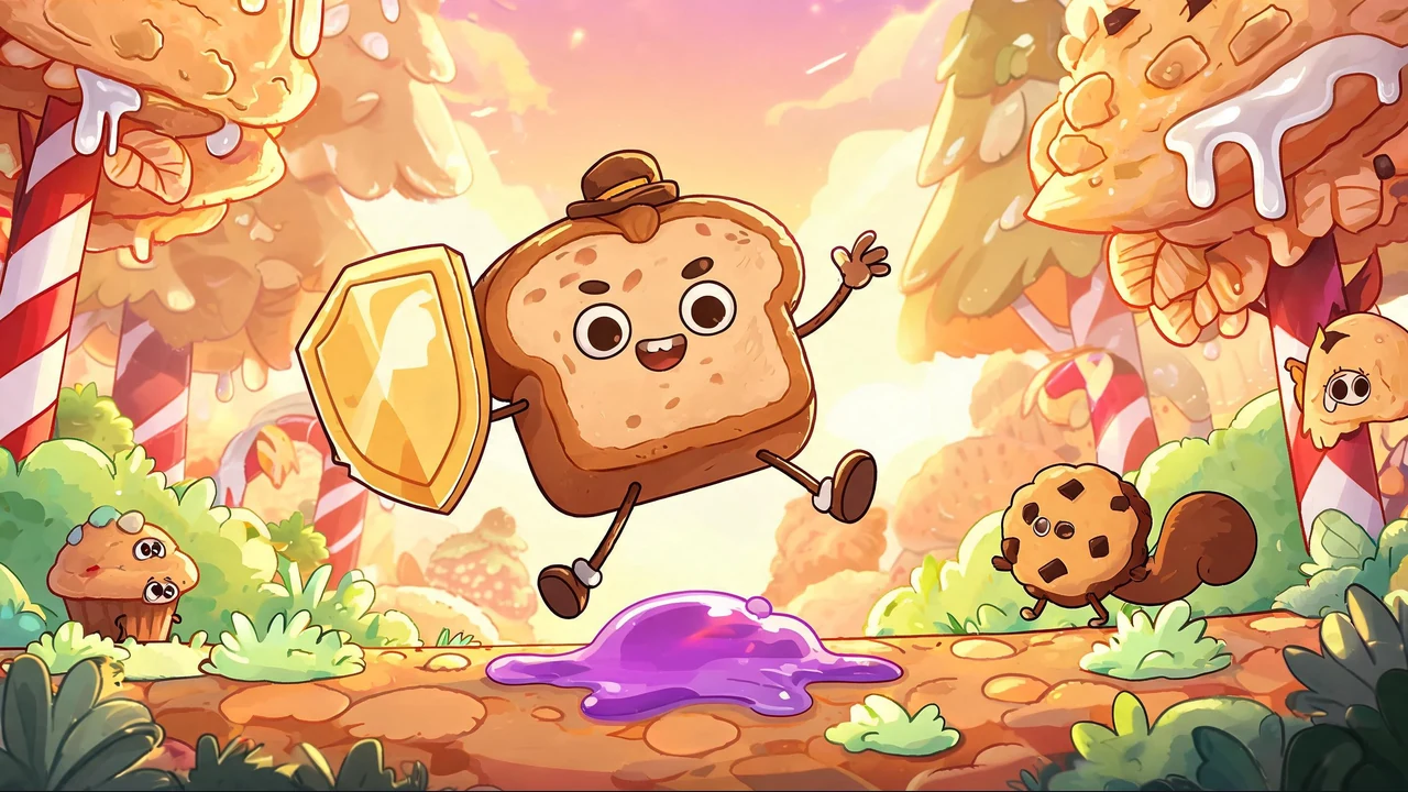 Bread hero jumping over a purple hazard in a colorful 2D platformer stage