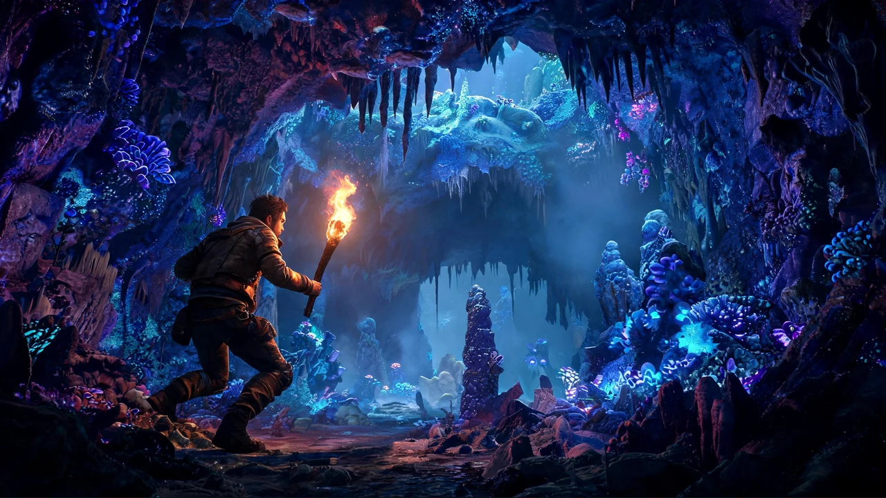 Torch-bearing adventurer exploring a dark blue bioluminescent cave in a Godot adventure