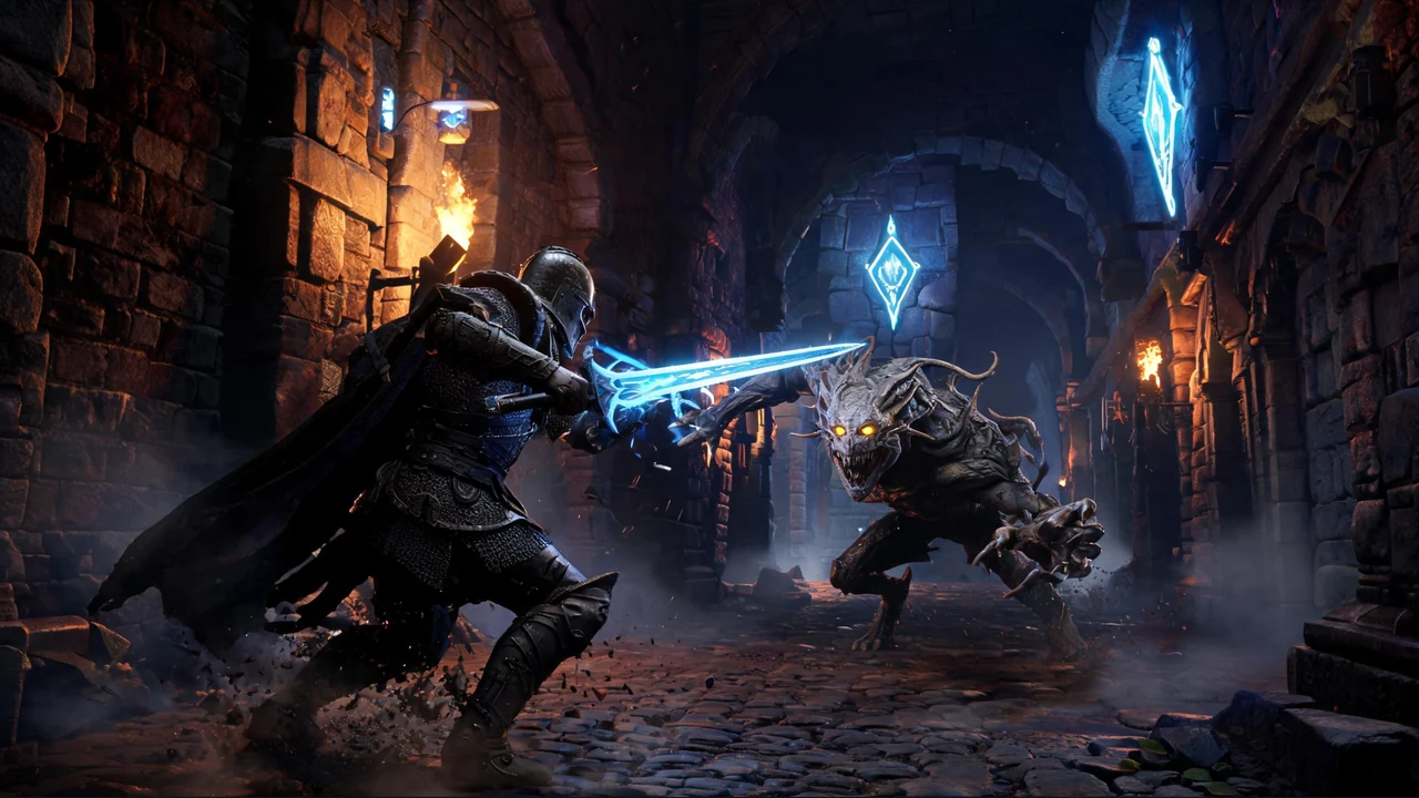 Armored hero fighting a horned monster with a glowing sword in a torch-lit 3D dungeon corridor