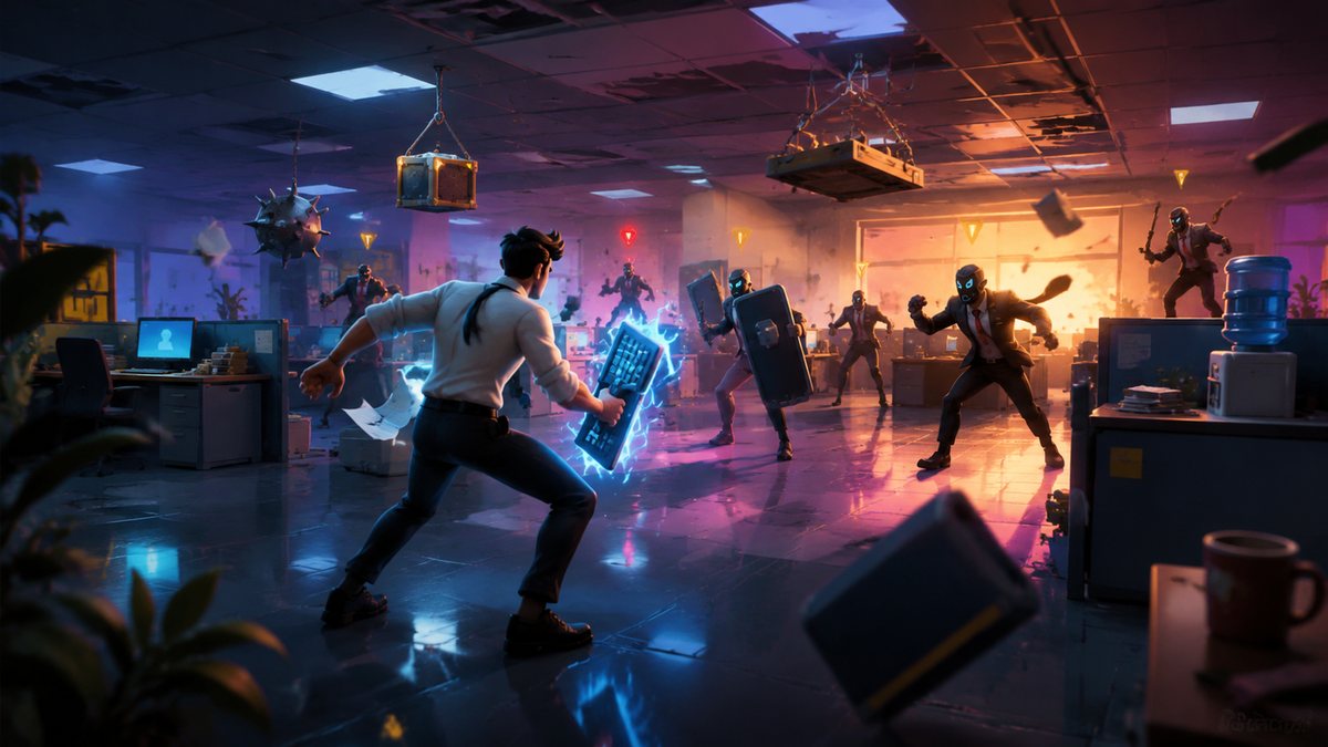 Office hallway confrontation scene from a comedic workplace game reference