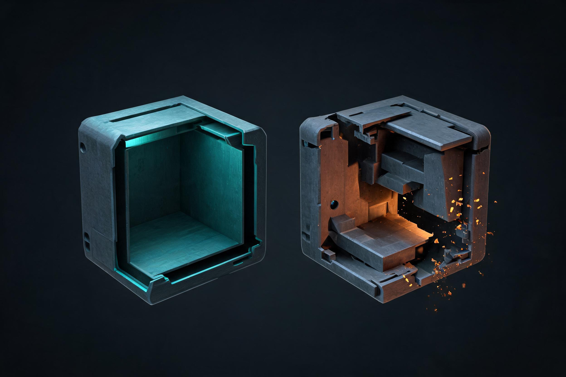 Two cutaway cube housings reveal internal walls, cavities, and support-like structures.