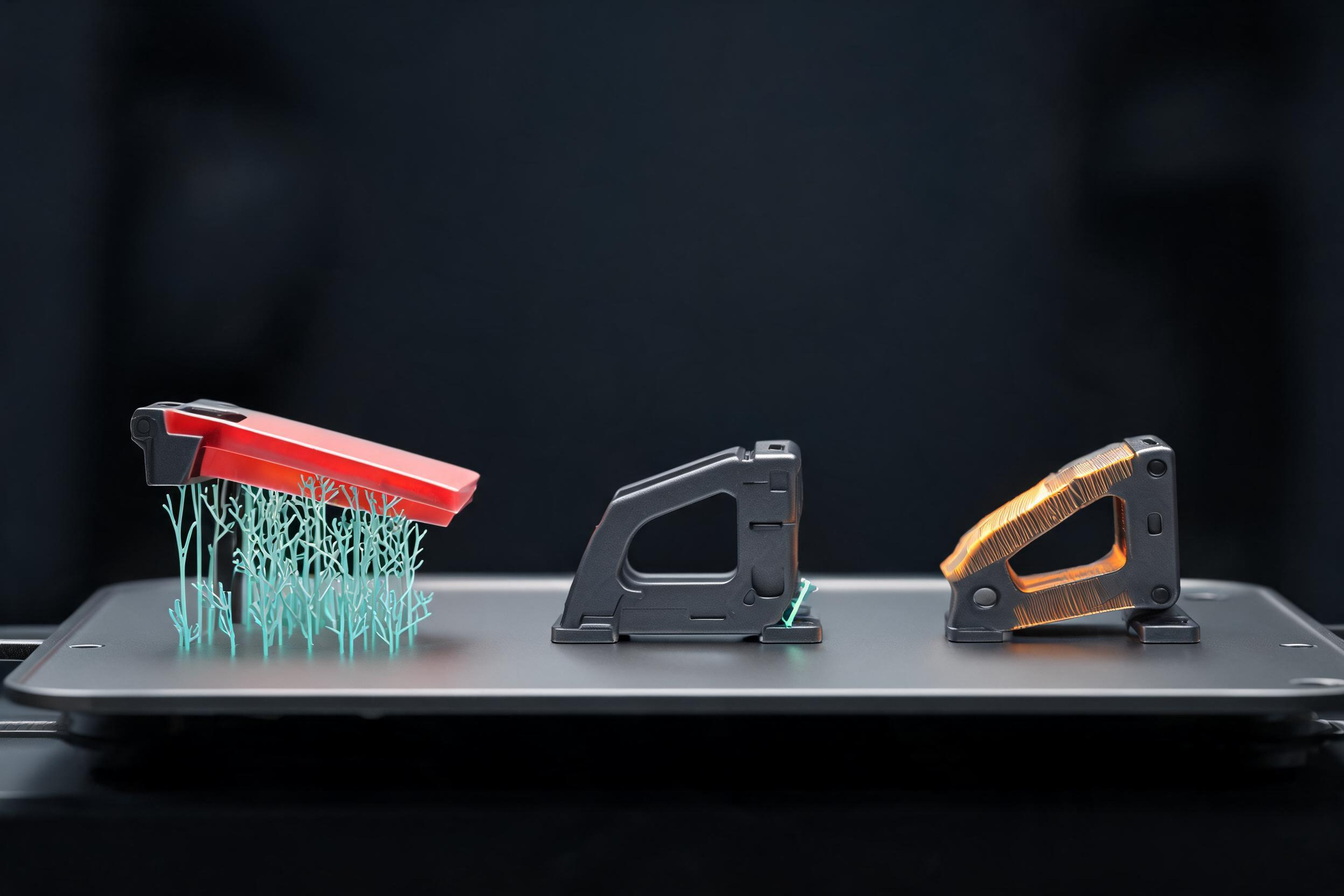 Three bracket prints show a red supported build beside finished gray and amber variants.