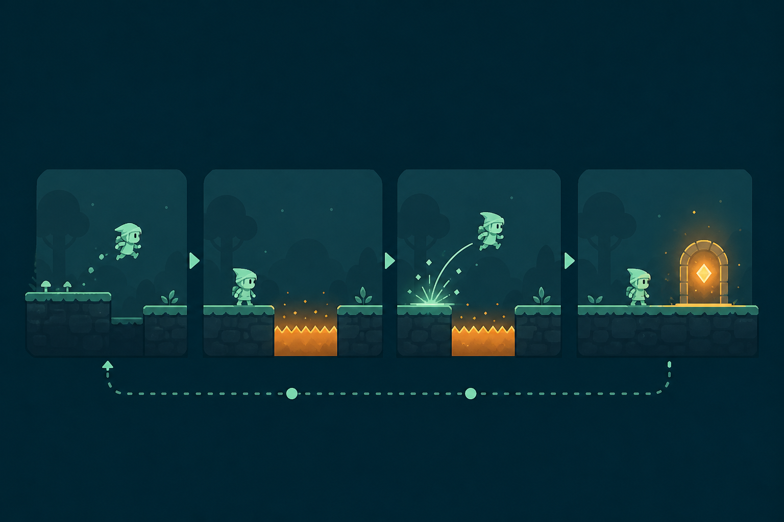 A concept-to-playable workflow showing brief, prototype build, test, and revision steps.