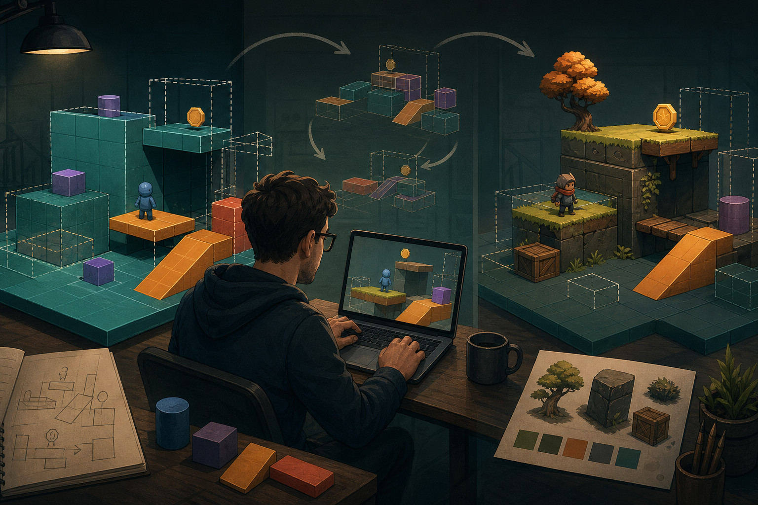 A playtest feedback loop showing player confusion points, retries, and next-step decisions.