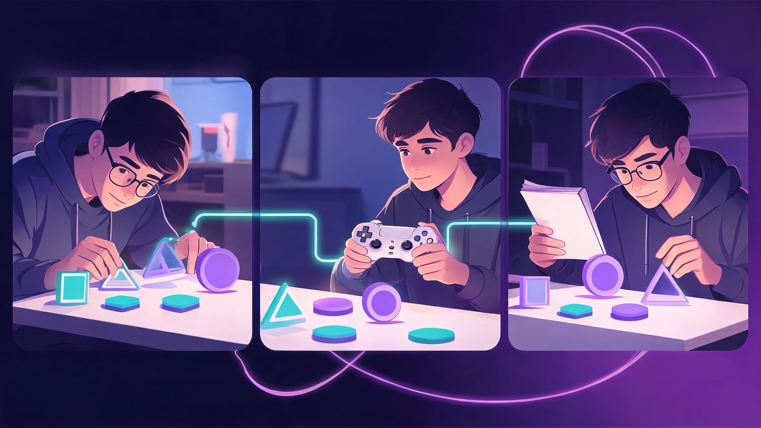 A creator builds with simple shapes, tests the loop with a controller, then reviews notes for the next focused revision.