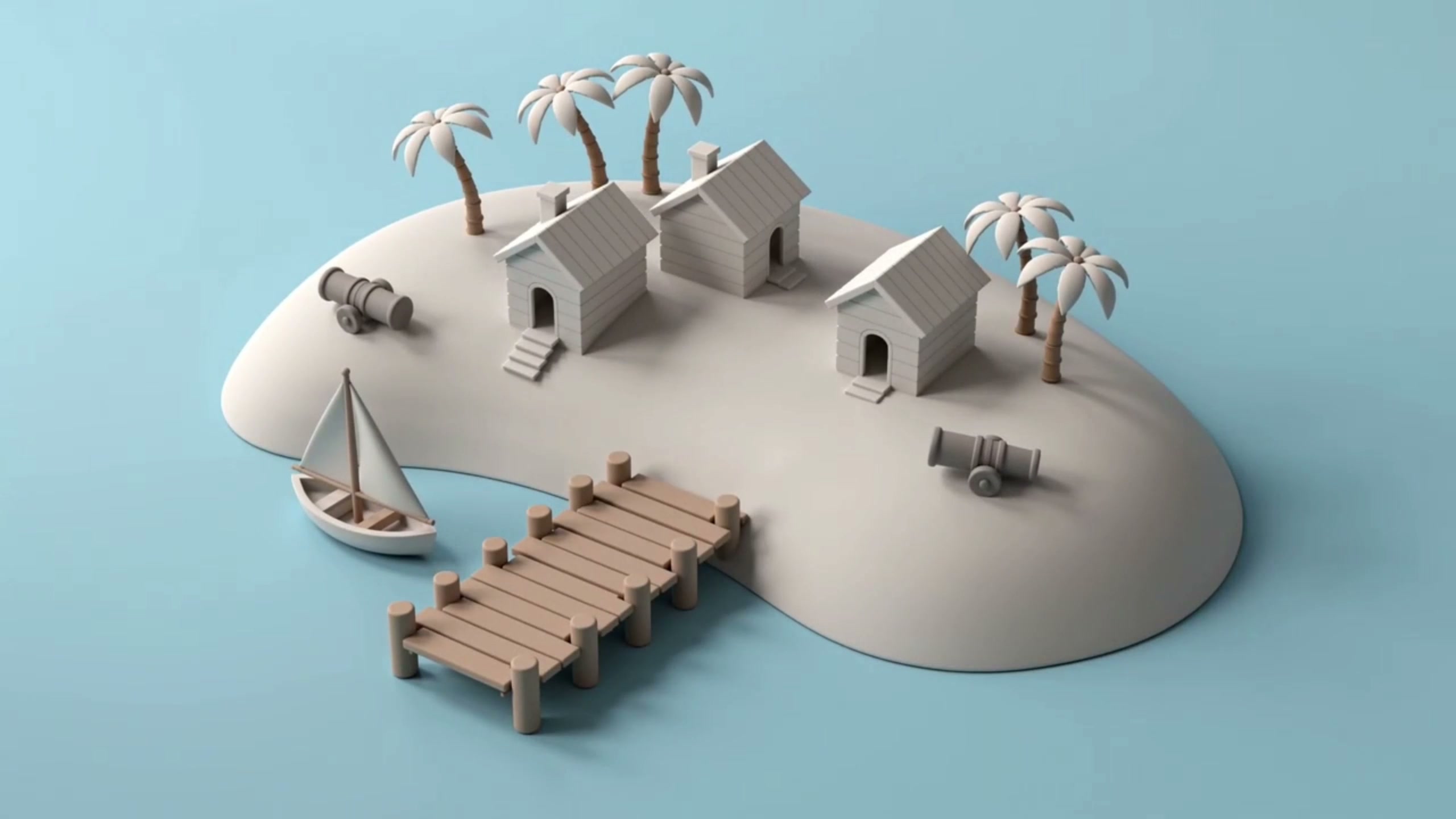 Authentic SEELE capture showing a stylized island composition with light-colored buildings, palm trees, a pier, a boat, and small props