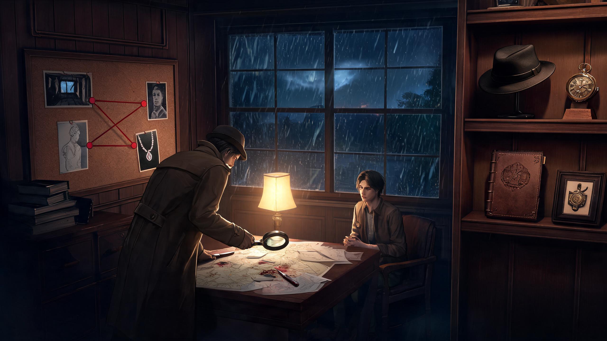 Original game-art scene showing choices in crime and detective games with in-game purchases
