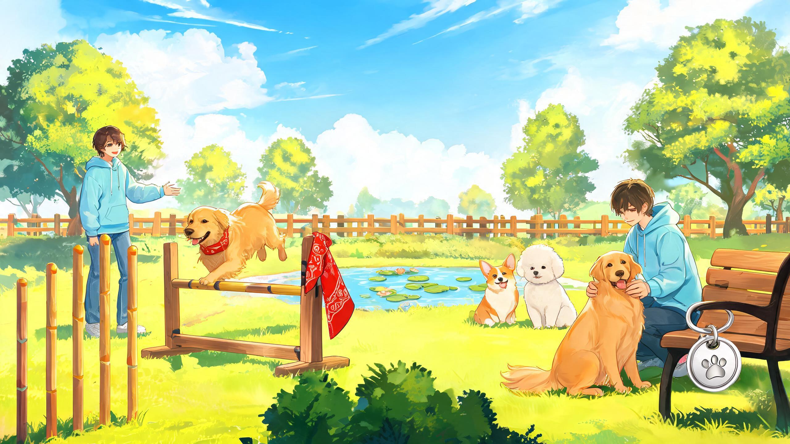 Original game-art scene showing choices in dog games with in-game purchases