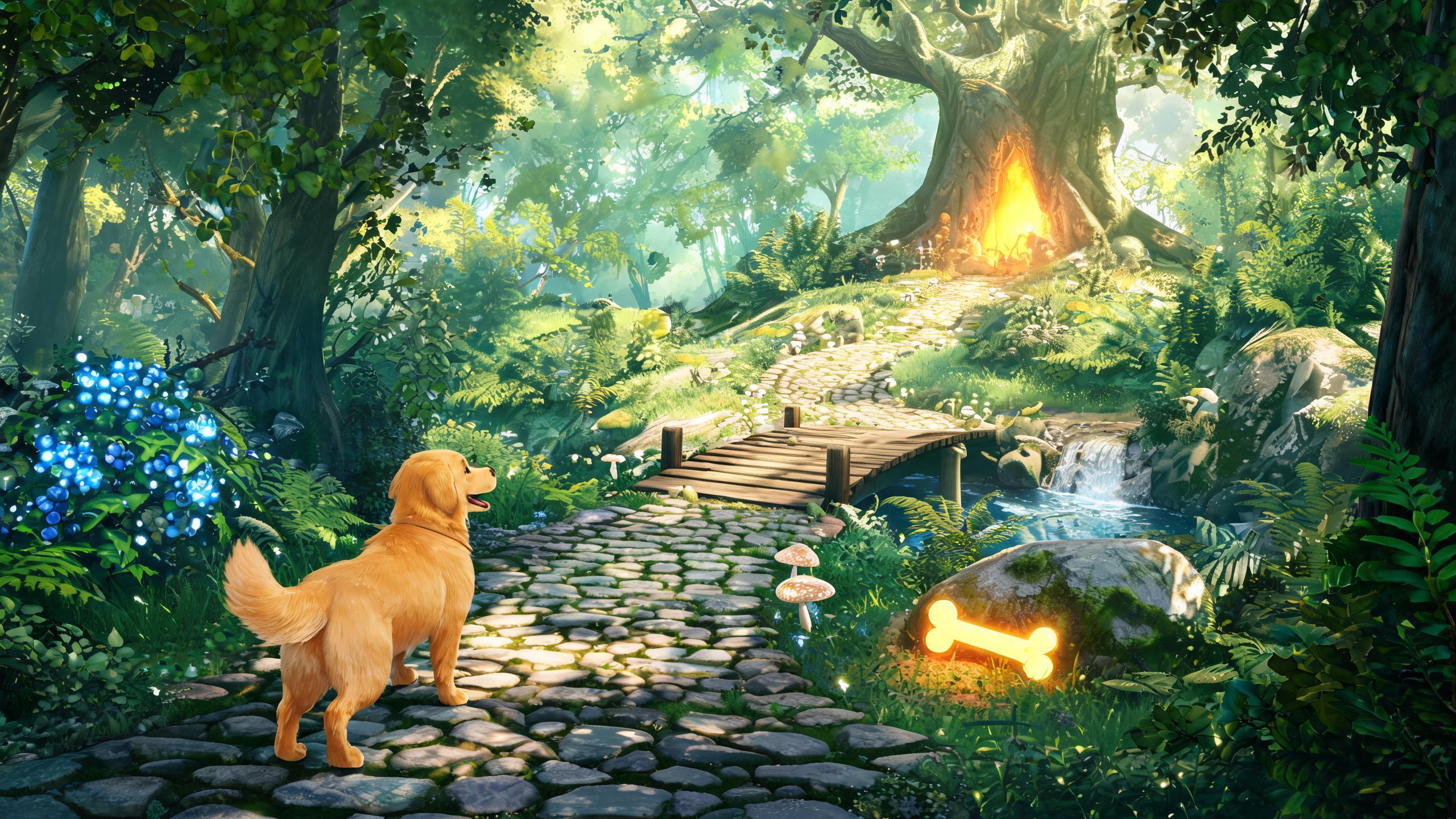 Original game-art scene showing a play session in dog games with in-game purchases