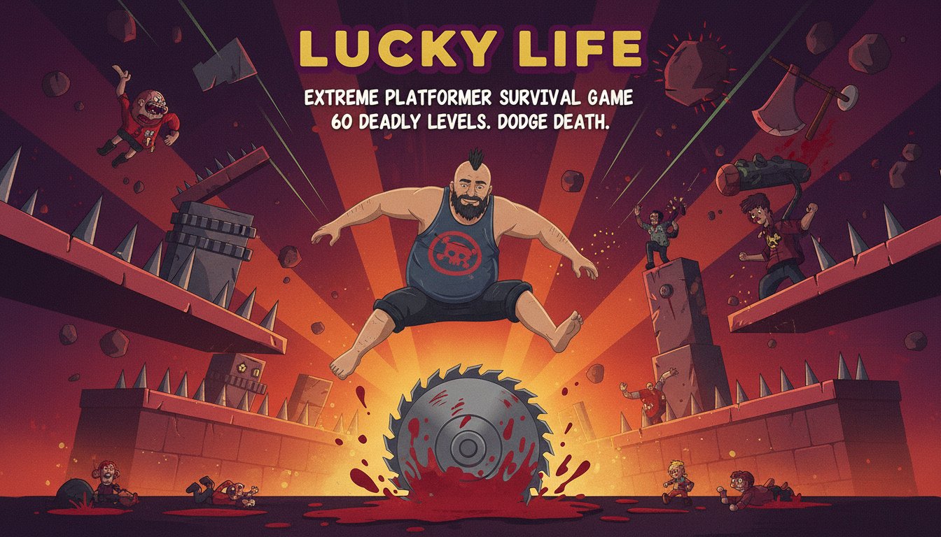 First-party SEELE Lucky Life game cover showing a runner leaping over a circular saw in a deadly platform course