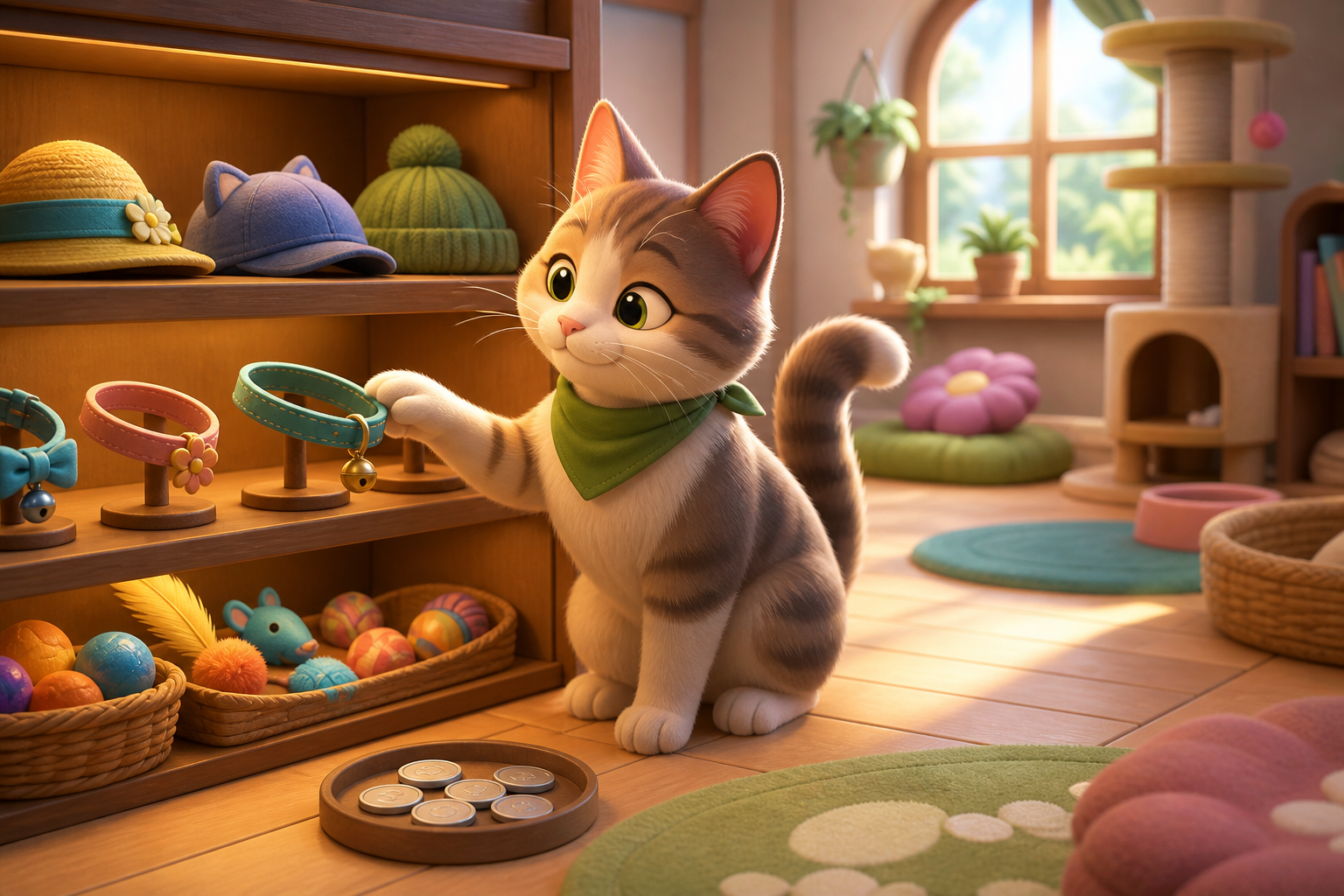 Original cartoon cat calmly choosing an optional collar beside an unmarked token tray