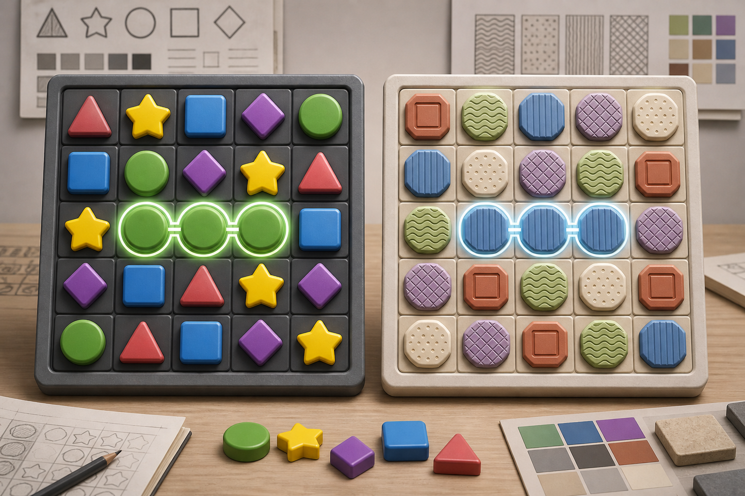 Original side-by-side match-three boards using distinct shapes and tactile patterns