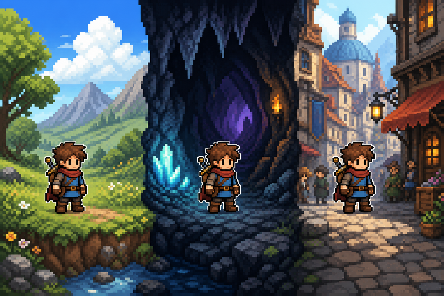 Original pixel adventurer remaining readable in meadow cave and city environments