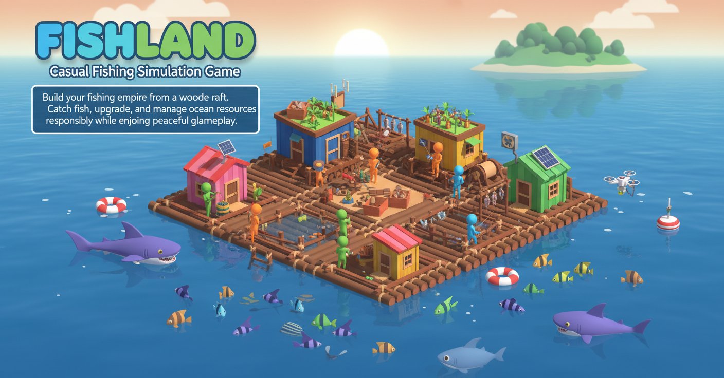 First-party SEELE Fishland game cover showing a fishing settlement on an ocean raft