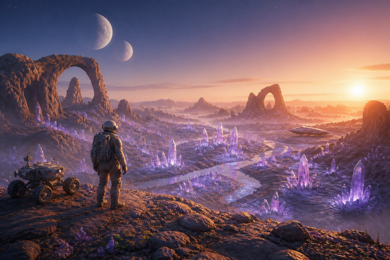 Original explorer and rover discovering a crystal valley beneath two moons