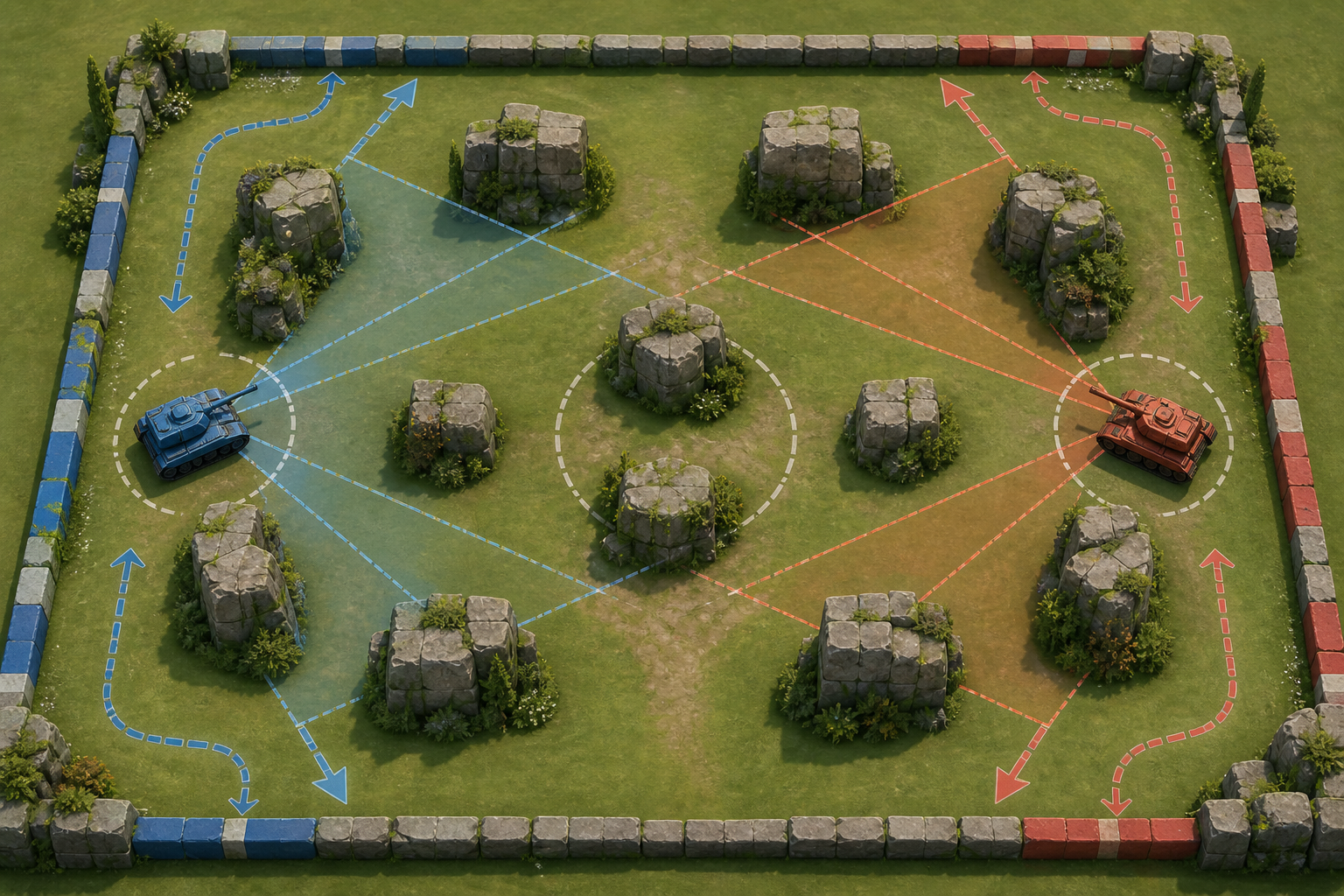 Original balanced tank training arena with readable cover sight lines and escape routes