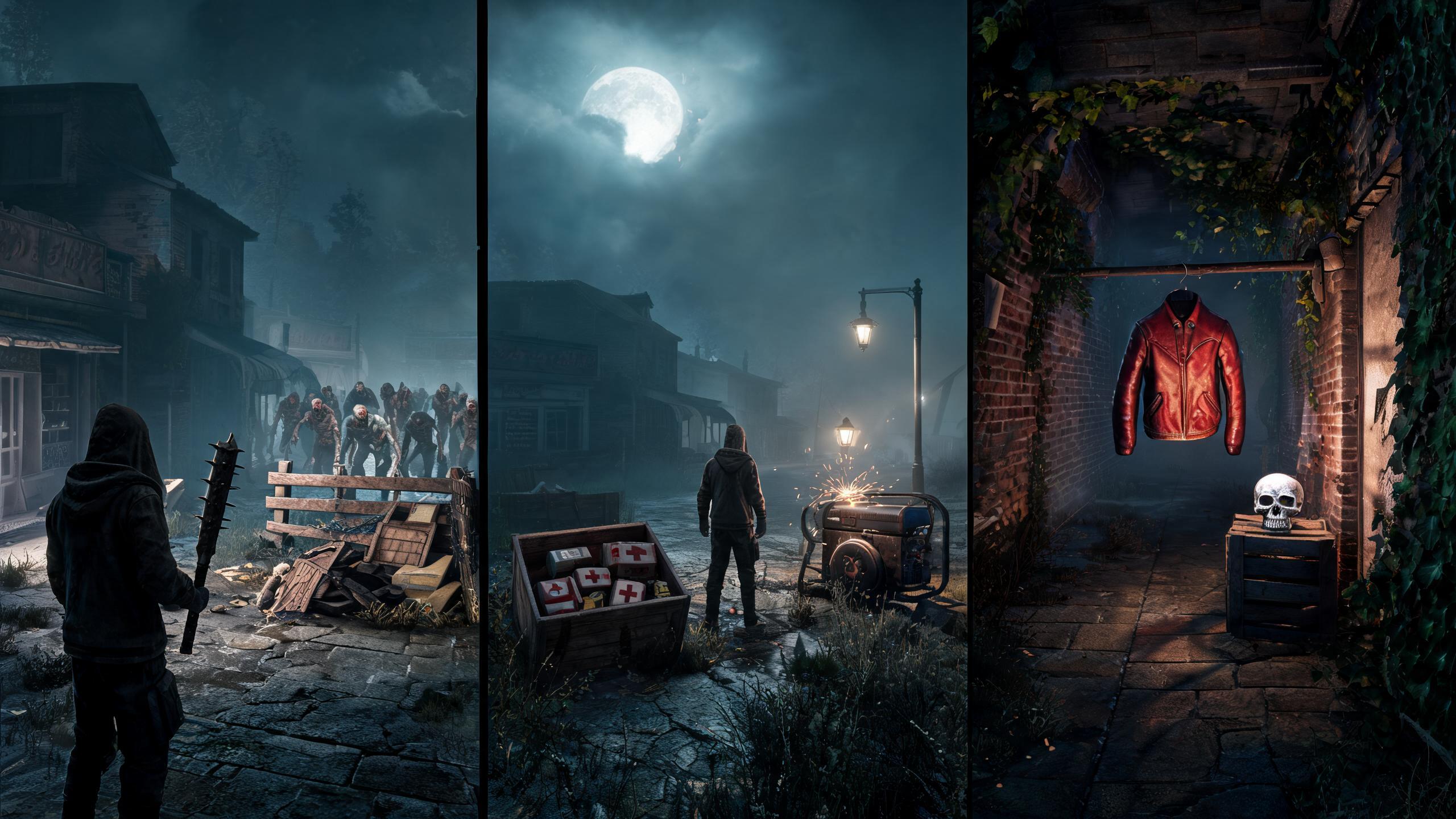 Original game-art scene showing choices in horde survival games with in-game purchases