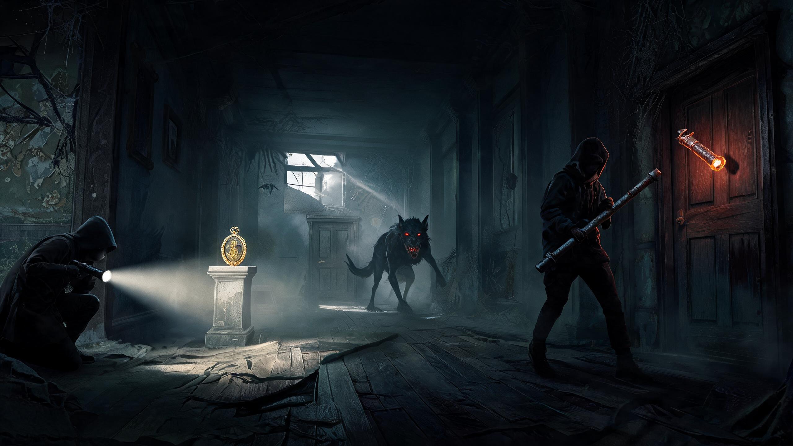 Original game-art scene showing choices in horror games with in-game purchases