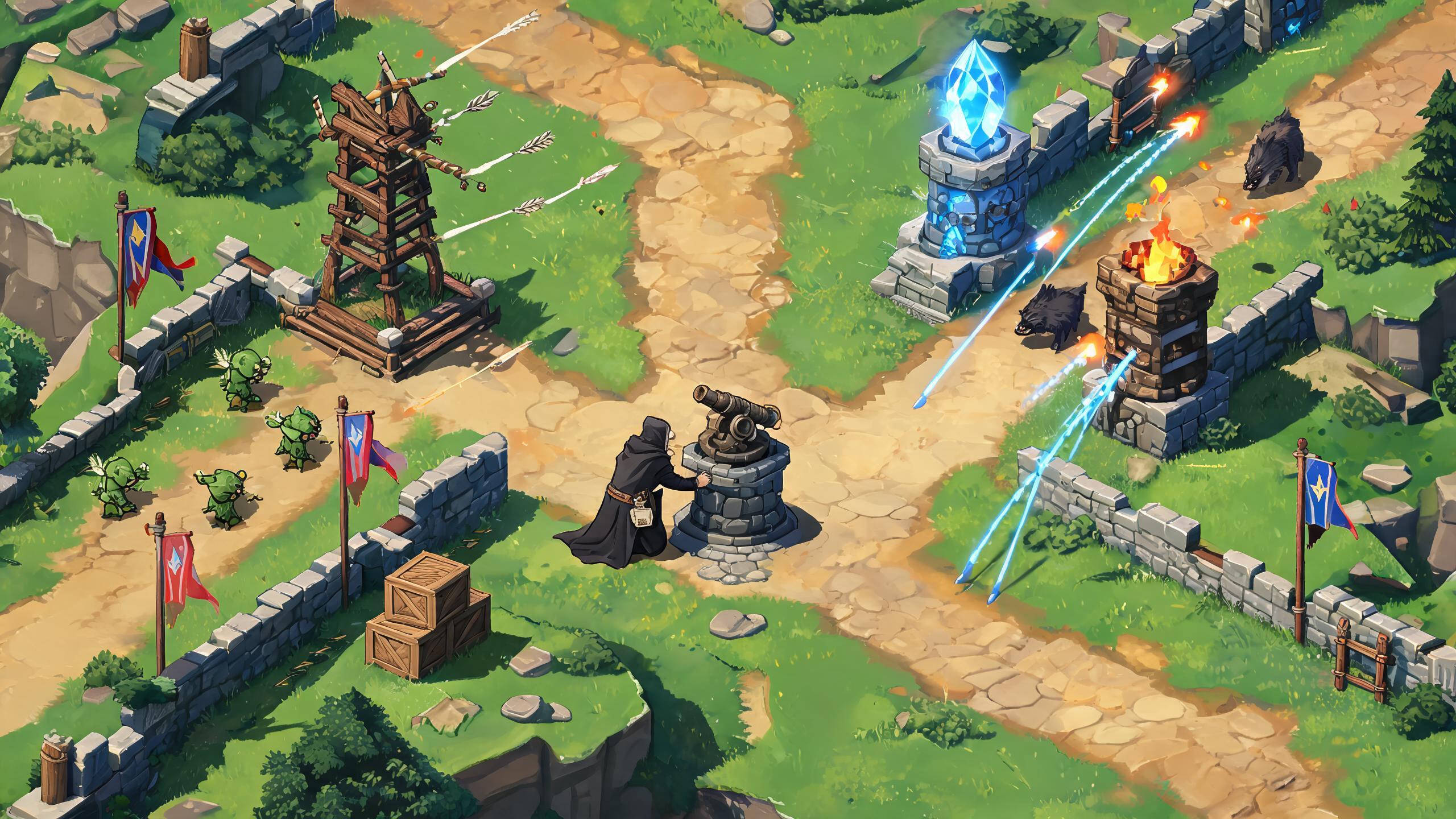 Original game-art scene showing choices in tower defense games with in-game purchases