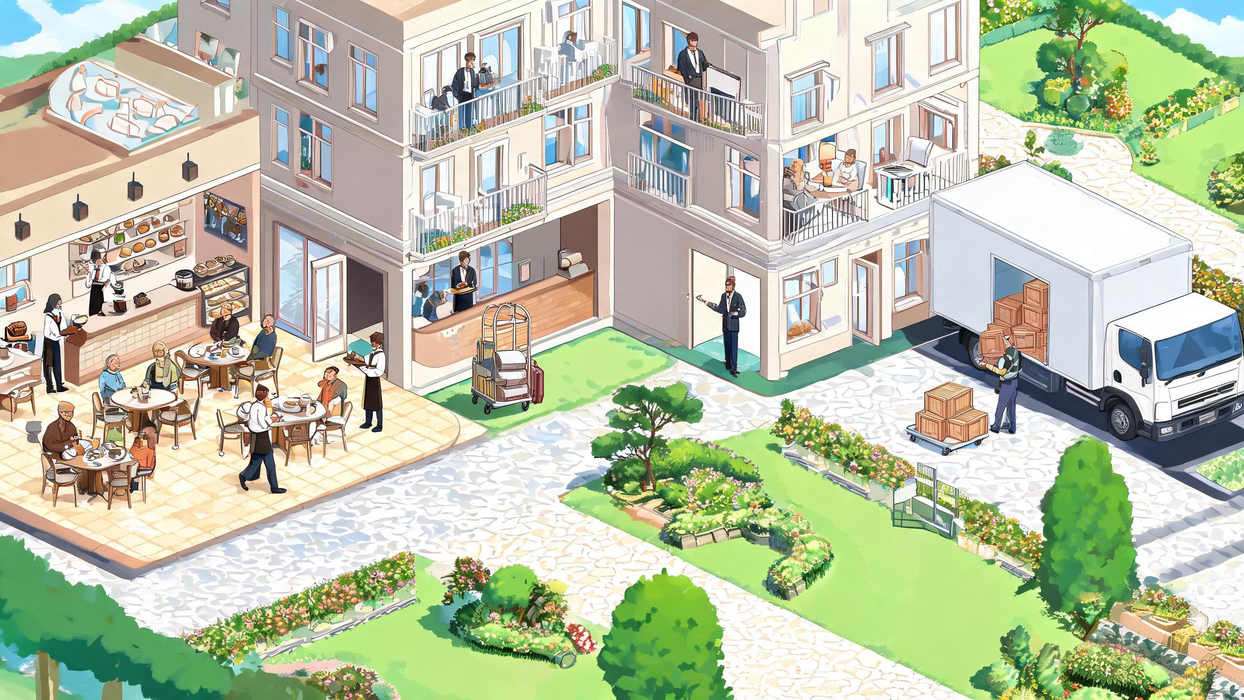 Original game-art scene showing a play session in tycoon games with in-game purchases