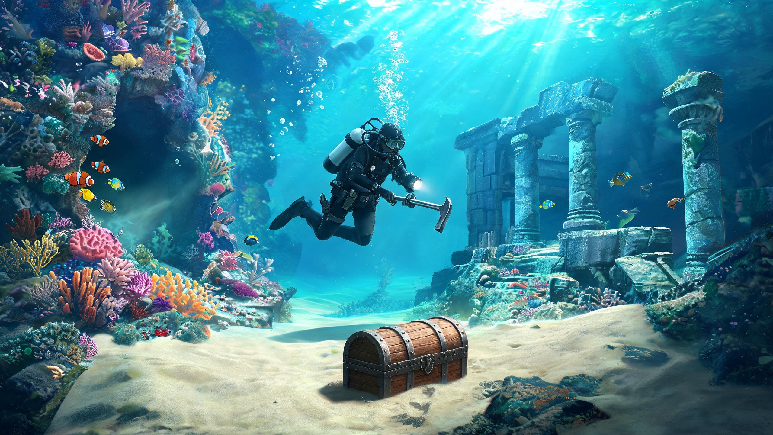 Original game-art scene showing choices in underwater games with in-game purchases