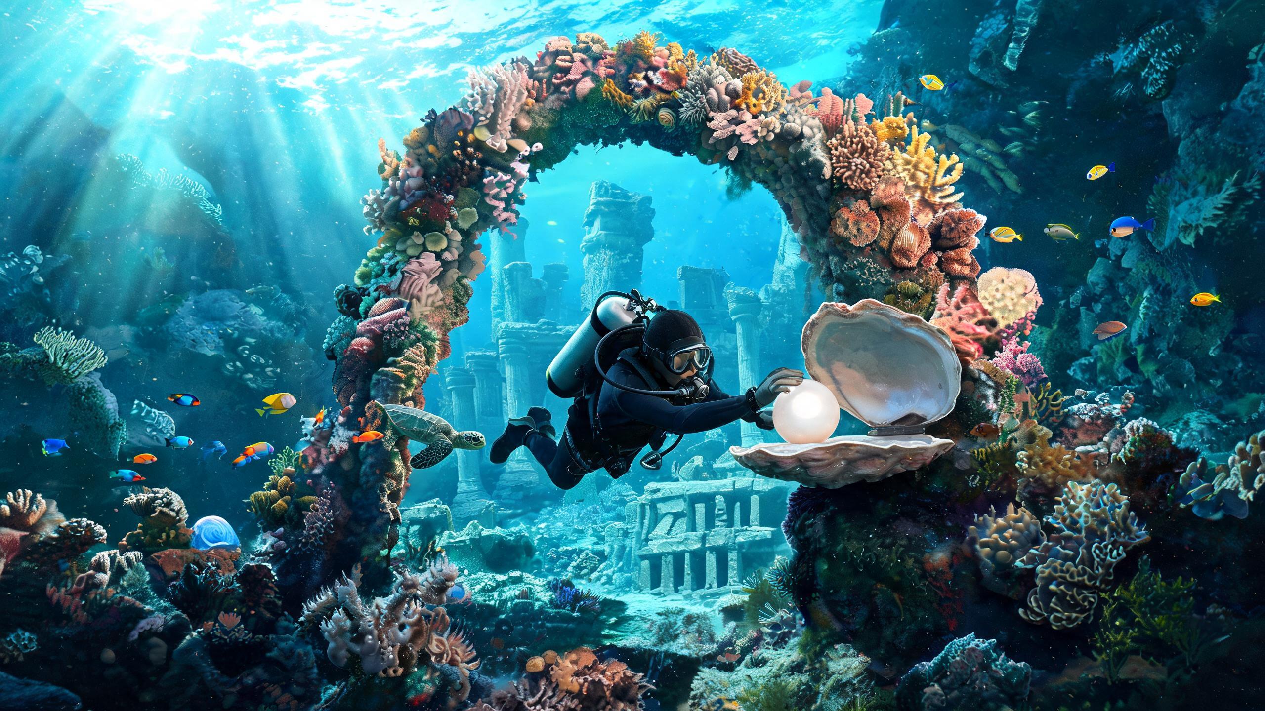 Original game-art scene showing a play session in underwater games with in-game purchases